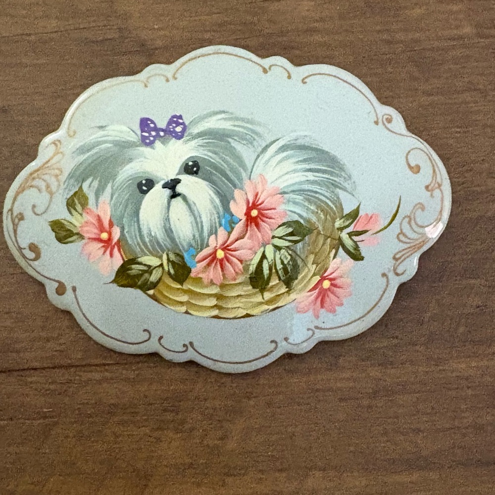 Russian Hand Painted Lacquer Shih Tzu Dog Pin Brooch Signed